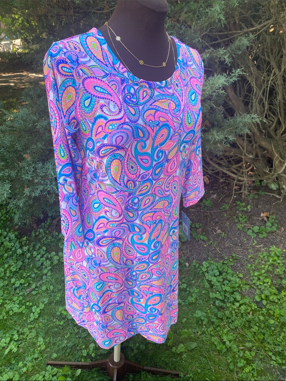 Lulu B stretch dress rounded collar vibrant paisley resort wrinkle free SPF - Picture 15 of 17